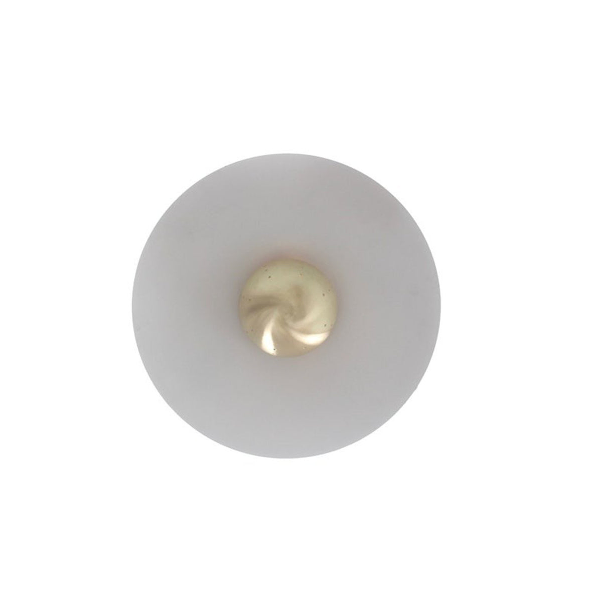 Bottom view of Aurora 2 light pendant chandelier showing circular white disc shade and sculptural brass center – Model 62012