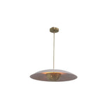 Aurora 2 light sculptural disc pendant chandelier with wide white shade and brass center, front view – Model 62012
