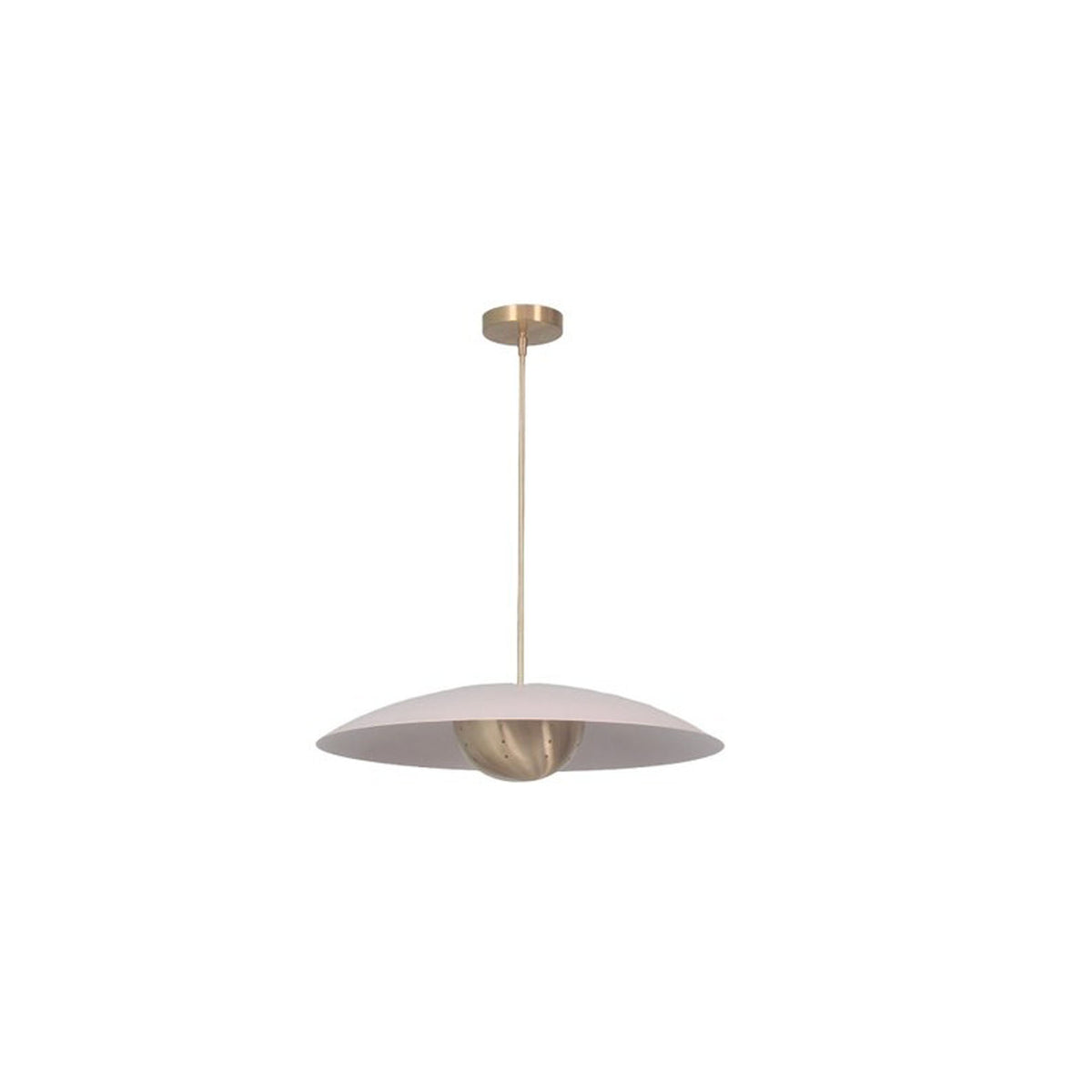Aurora 2 light sculptural pendant chandelier with wide white disc shade and brass hanging stem – Model 62012