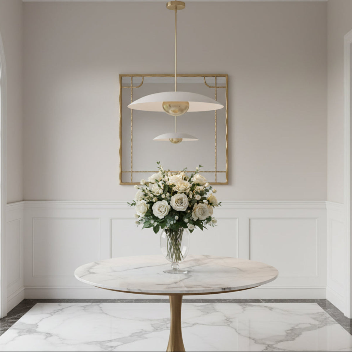 Wide product view of Aurora 2 light white disc pendant chandelier with brass center and ceiling stem – Model 62012
