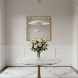 Wide product view of Aurora 2 light white disc pendant chandelier with brass center and ceiling stem – Model 62012