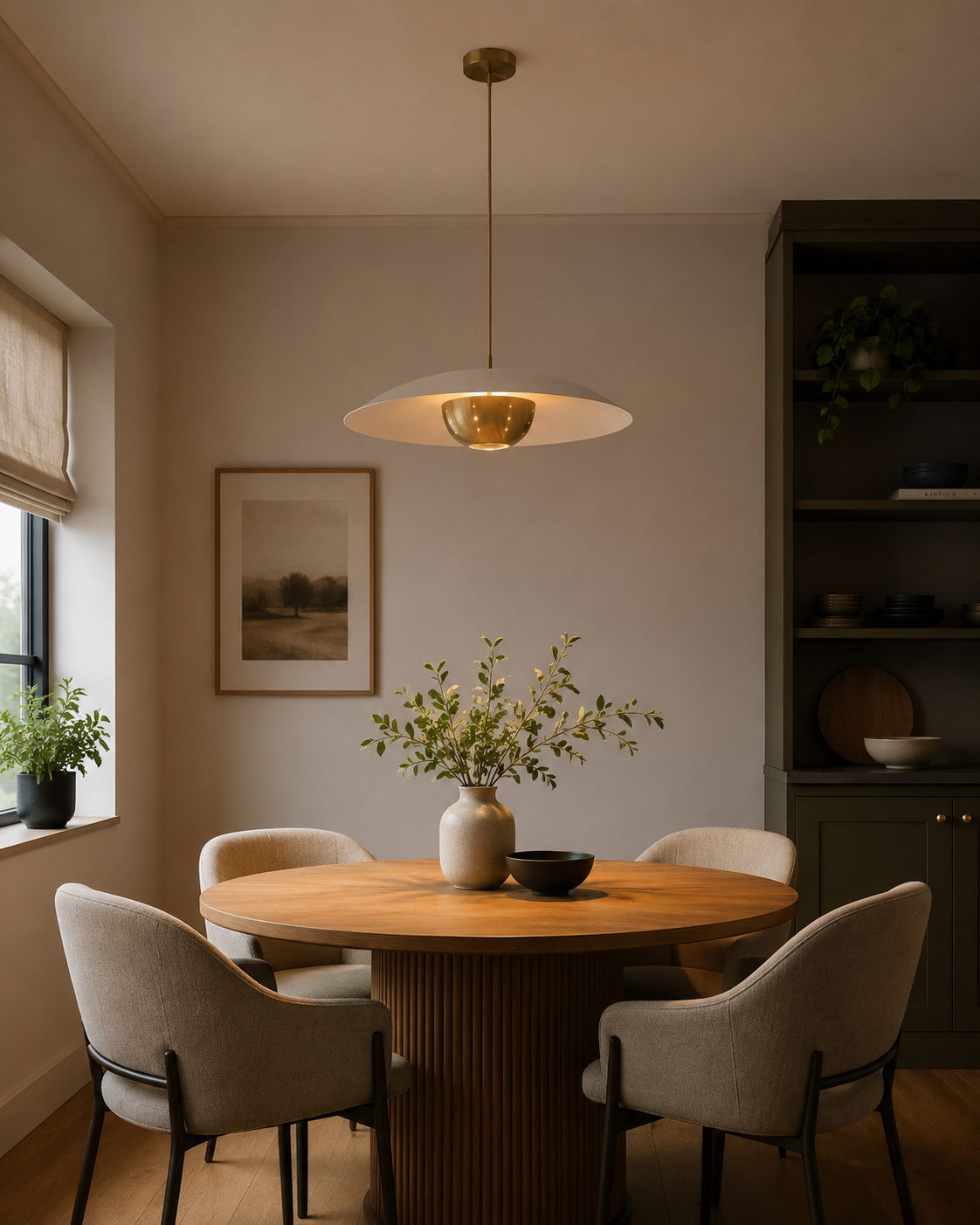 Aurora 2 light sculptural disc pendant chandelier installed above a round dining table in a modern dining room – Model 62012