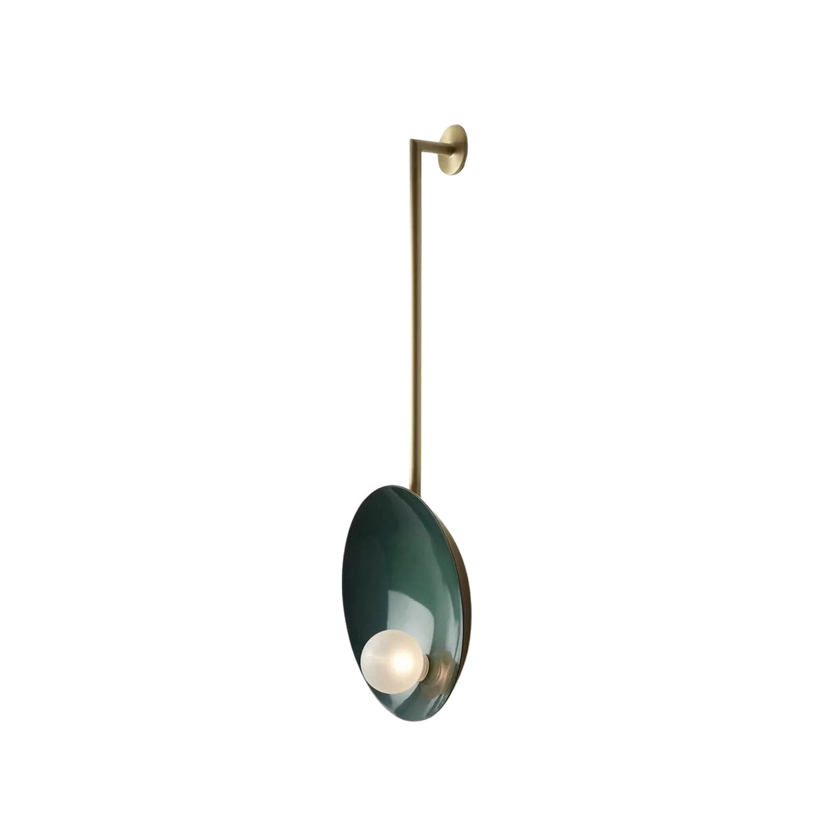 Angled view of Aurora modern wall sconce featuring deep green circular disc, frosted globe and brass frame – Model 32776