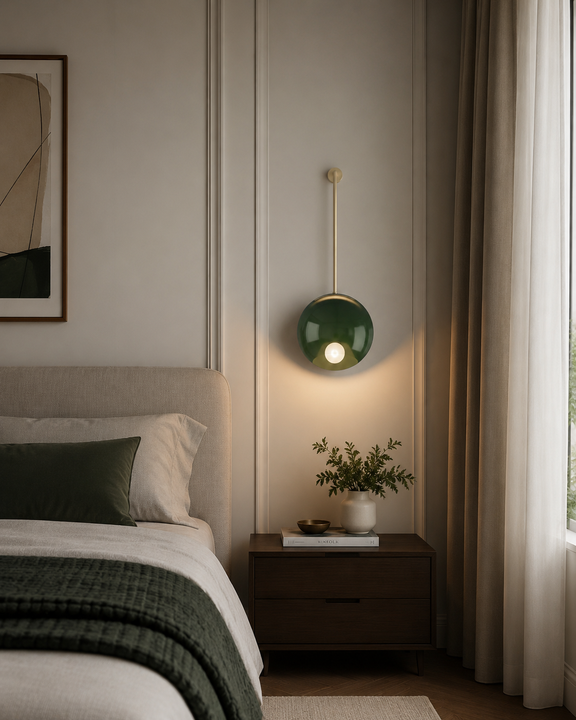 Aurora green disc wall sconce with globe light installed beside bed in a modern bedroom – Model 32776