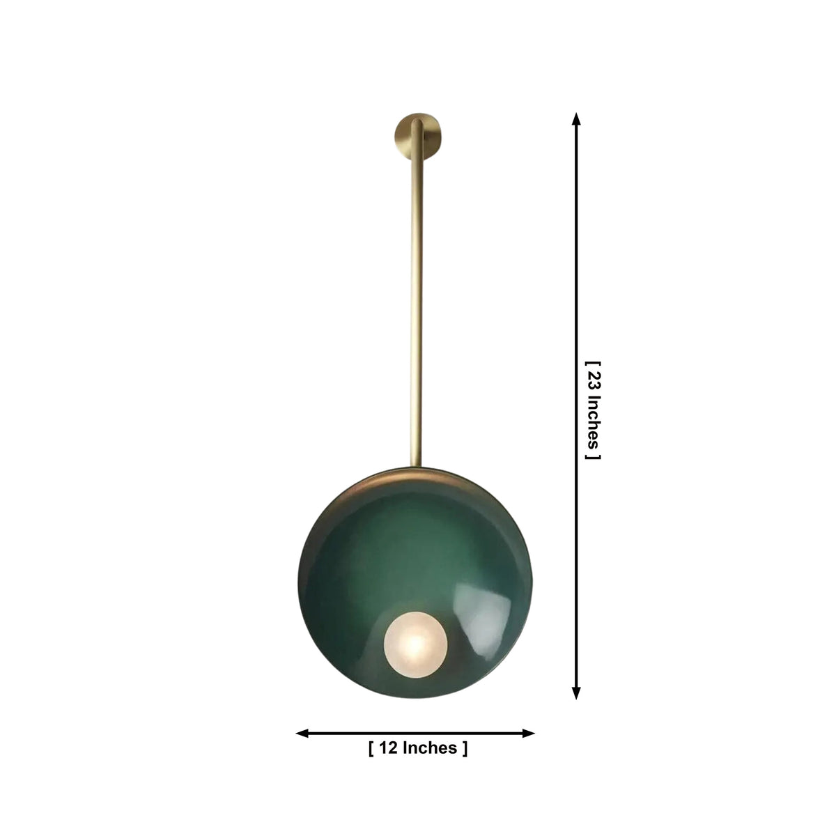 Aurora sculptural disc wall sconce with green circular shade and globe light, 12 inch width and 23 inch height – Model 32776