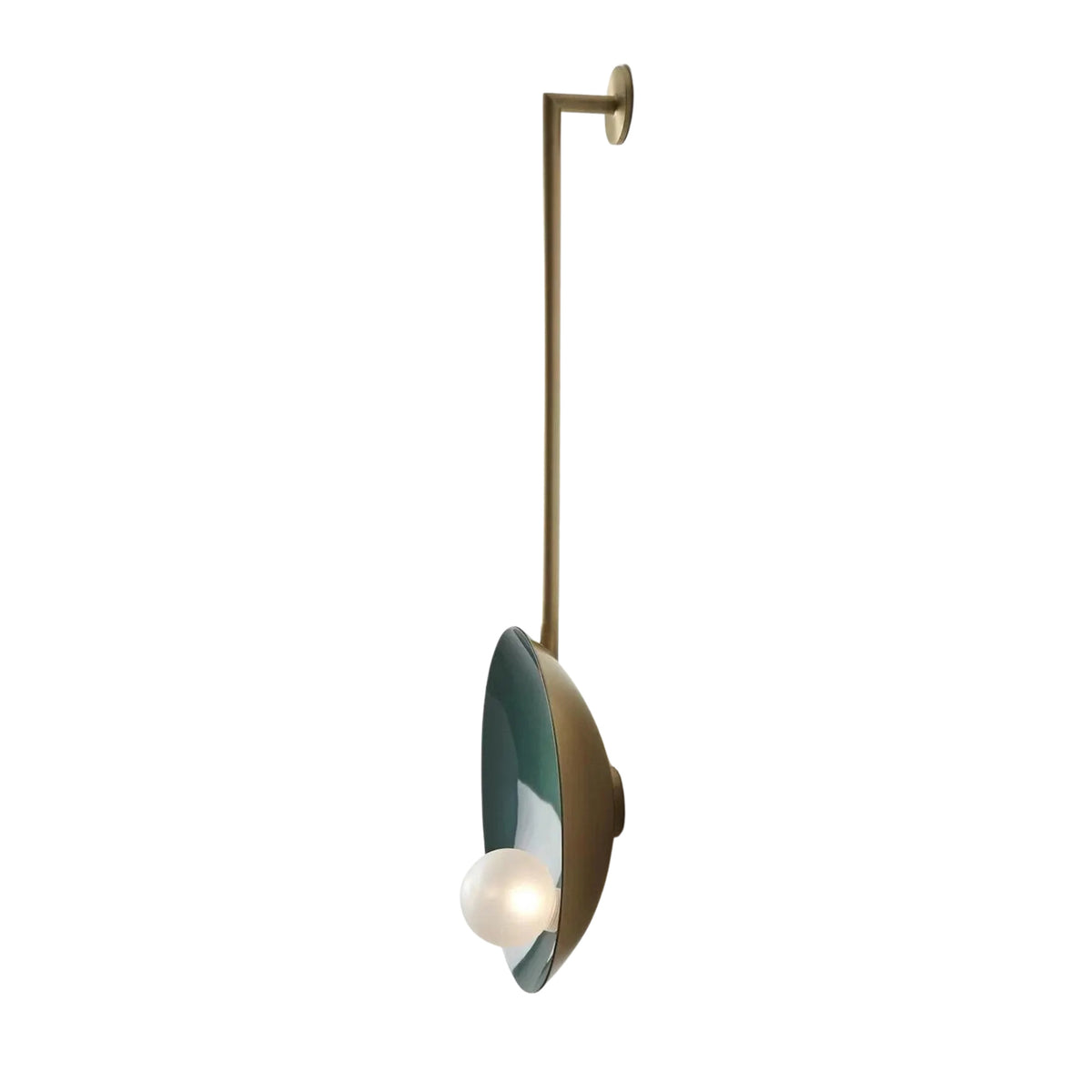Side view of Aurora green disc wall sconce with frosted globe light and elongated brass stem – Model 32776