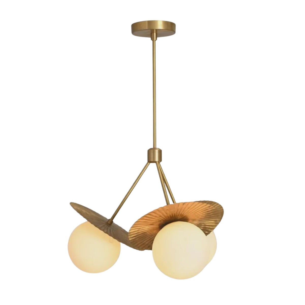 Angled view of Aurora 3-light chandelier featuring opal glass globes, textured petal accents and brass-toned frame.