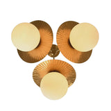 Bottom view of Aurora chandelier showing three opal glass globes surrounded by textured brass petal-style shades.