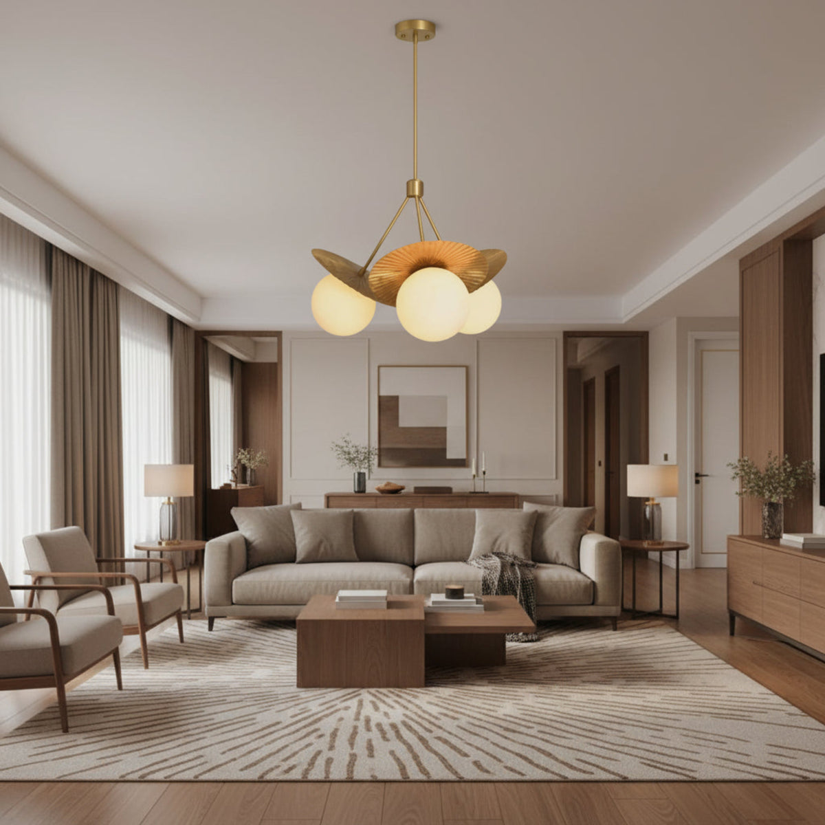 Close-up view of Aurora 3-light chandelier highlighting opal globe shades, fluted brass petals and suspension frame.