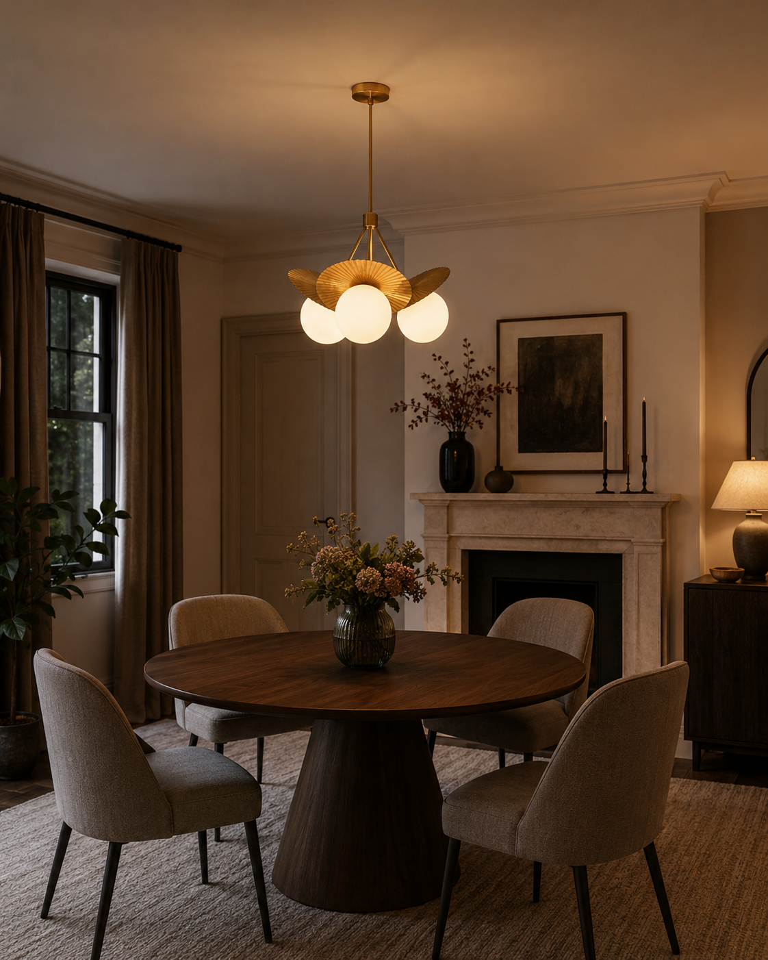 Aurora 3-light petal globe chandelier displayed above a dining table in an elegant warm-toned dining room interior.