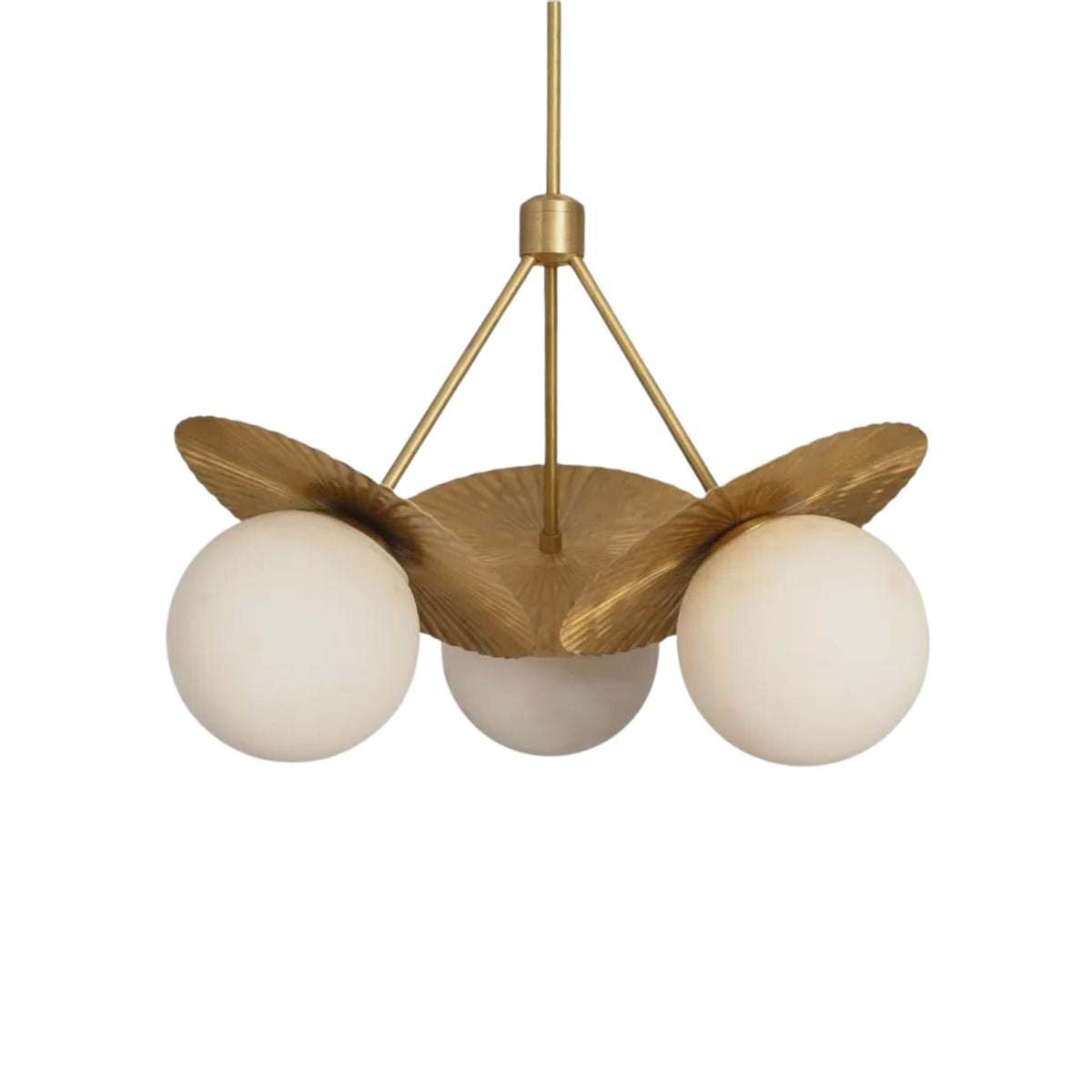 Front view of Aurora 3-light brass chandelier with three opal glass globe shades and sculptural fluted petal details.