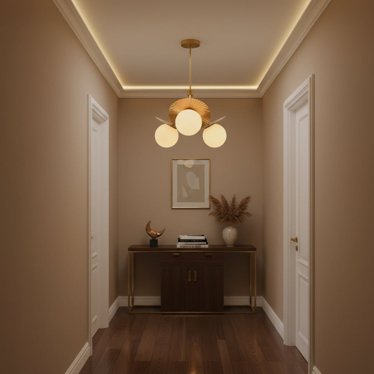 Side view of Aurora sculptural chandelier with three globe lights, decorative brass petals and rod suspension.