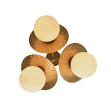 Bottom view of Aurora 3-light chandelier showing fluted brass petal details and opal glass globe shades