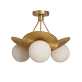 Aurora 3-light sculptural petal globe semi-flush chandelier with brass finish and opal glass shades, front view