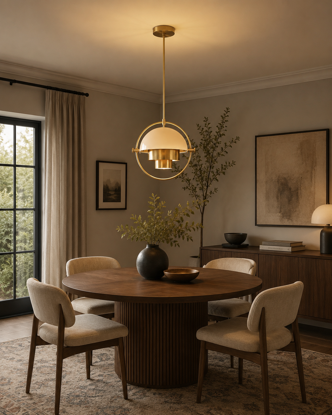 Aurora 1 light brass pendant chandelier displayed above a round dining table in a warm modern dining room