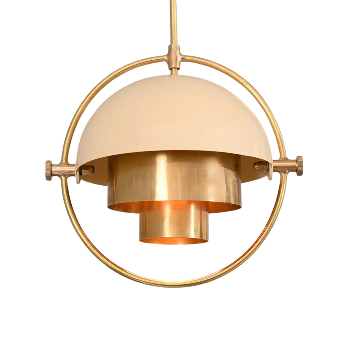 Aurora pendant chandelier featuring cream dome shade, layered brass cylinder and circular brass frame