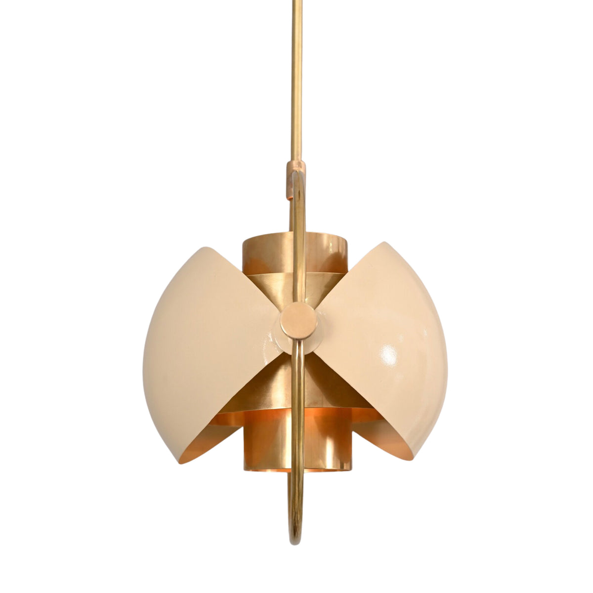 Front detail of Aurora 1 light pendant chandelier with sculptural cream petal shades and brass accents