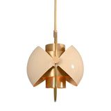 Front detail of Aurora 1 light pendant chandelier with sculptural cream petal shades and brass accents