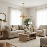 Aurora sculptural 1 light pendant chandelier with cream dome shade, brass frame and circular design, full view