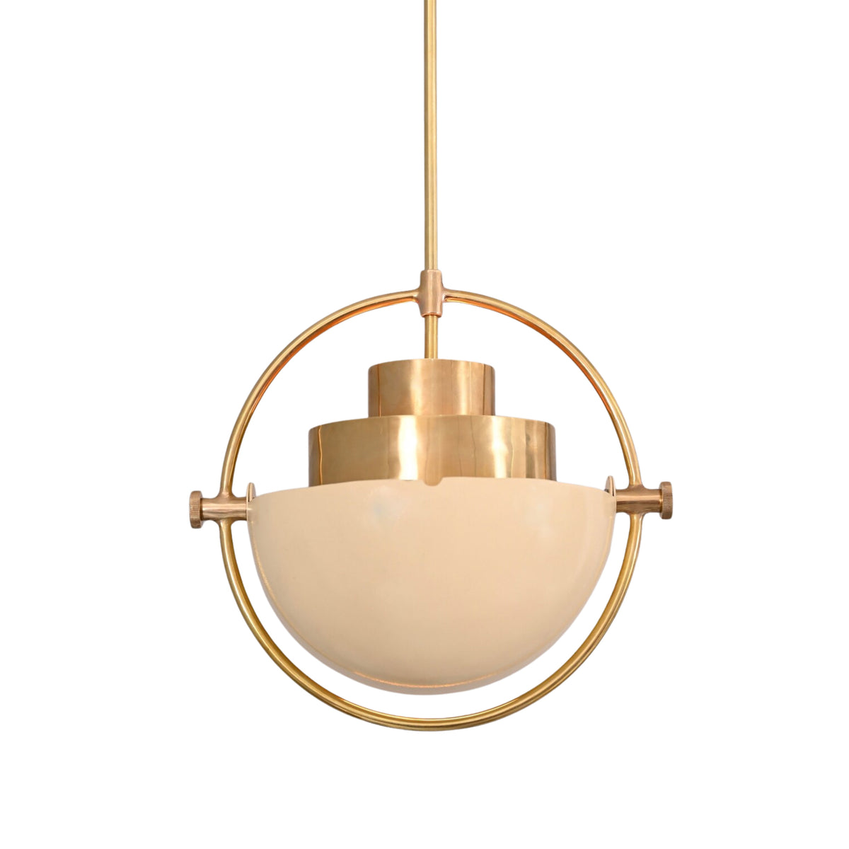 Rear view of Aurora pendant chandelier showing cream curved shade, layered brass detailing and circular frame