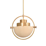 Rear view of Aurora pendant chandelier showing cream curved shade, layered brass detailing and circular frame