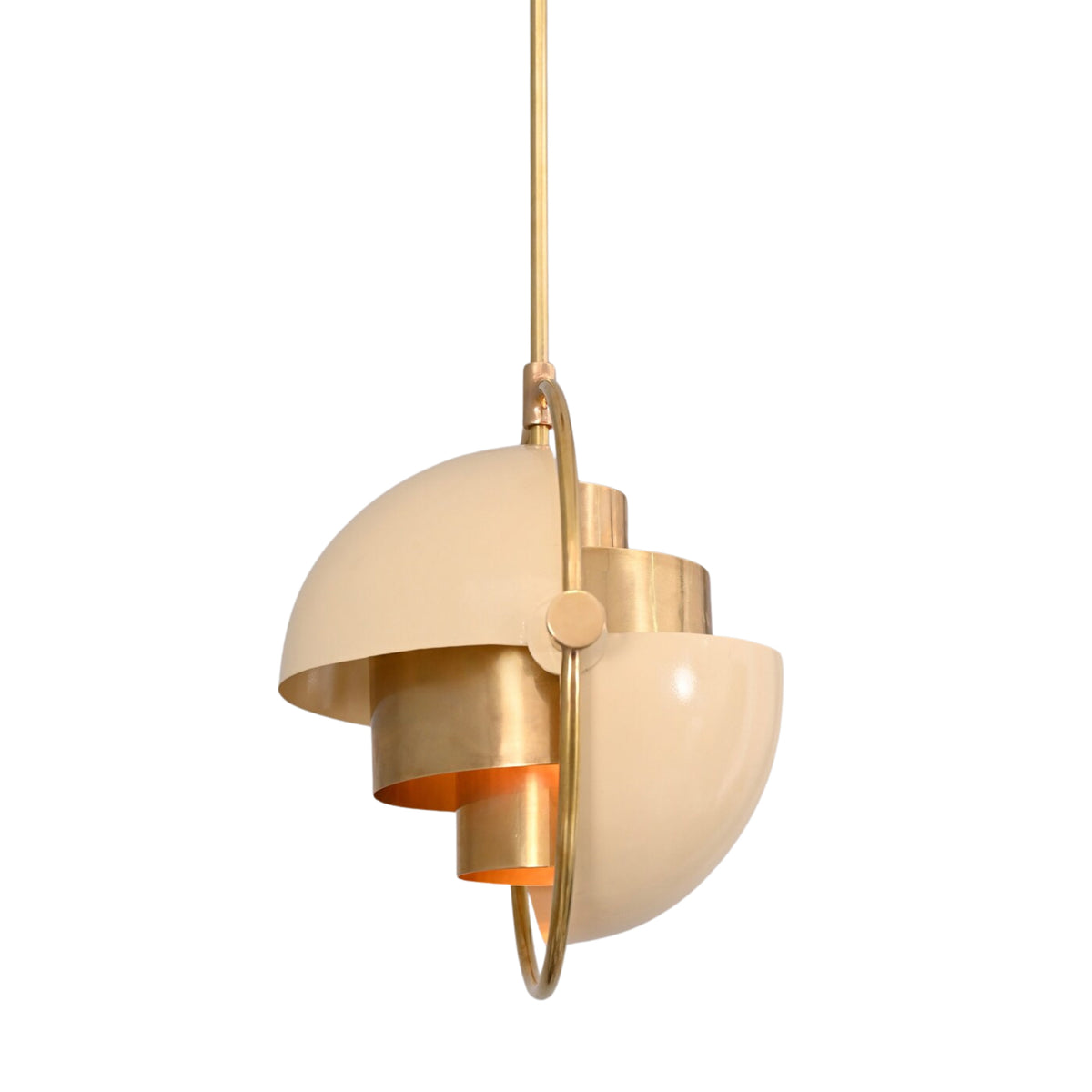 Side view of Aurora sculptural 1 light pendant chandelier with curved cream shade and brass construction
