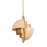 Side view of Aurora sculptural 1 light pendant chandelier with curved cream shade and brass construction
