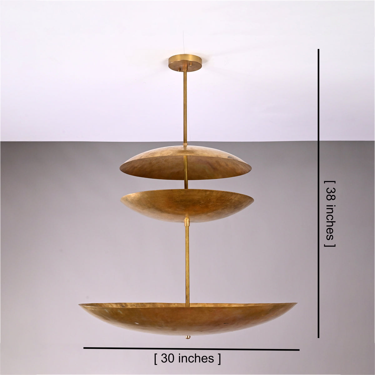Aurora Triple Saucer Chandelier shown with 30 inch width and 38 inch overall height dimensions.