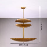 Aurora Triple Saucer Chandelier shown with 30 inch width and 38 inch overall height dimensions.
