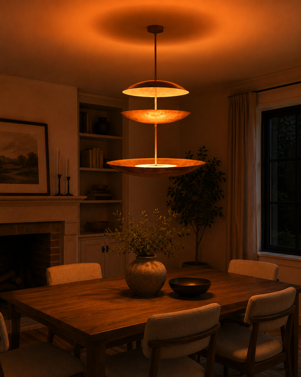 Aurora Triple Saucer Chandelier installed above a dining table in a warm modern interior.