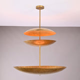 Front view of Aurora Triple Saucer Chandelier with three stacked saucer shades and warm layered glow.