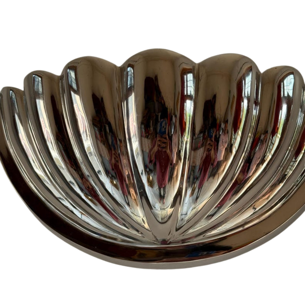 Close-up detail of the Aurora polished nickel fluted half bowl wall sconce highlighting its handcrafted ribbed texture and mirror-polished finish.