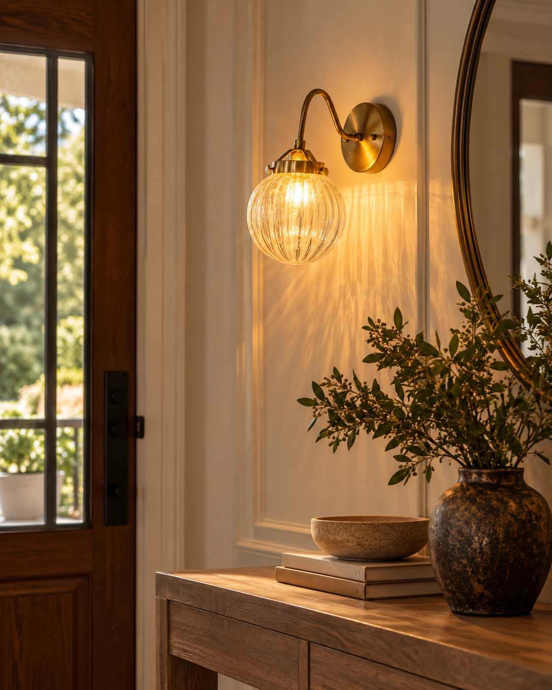 Austin brass curved arm wall sconce with a warmly illuminated clear ribbed glass globe displayed above a wooden console table in a sophisticated entryway.