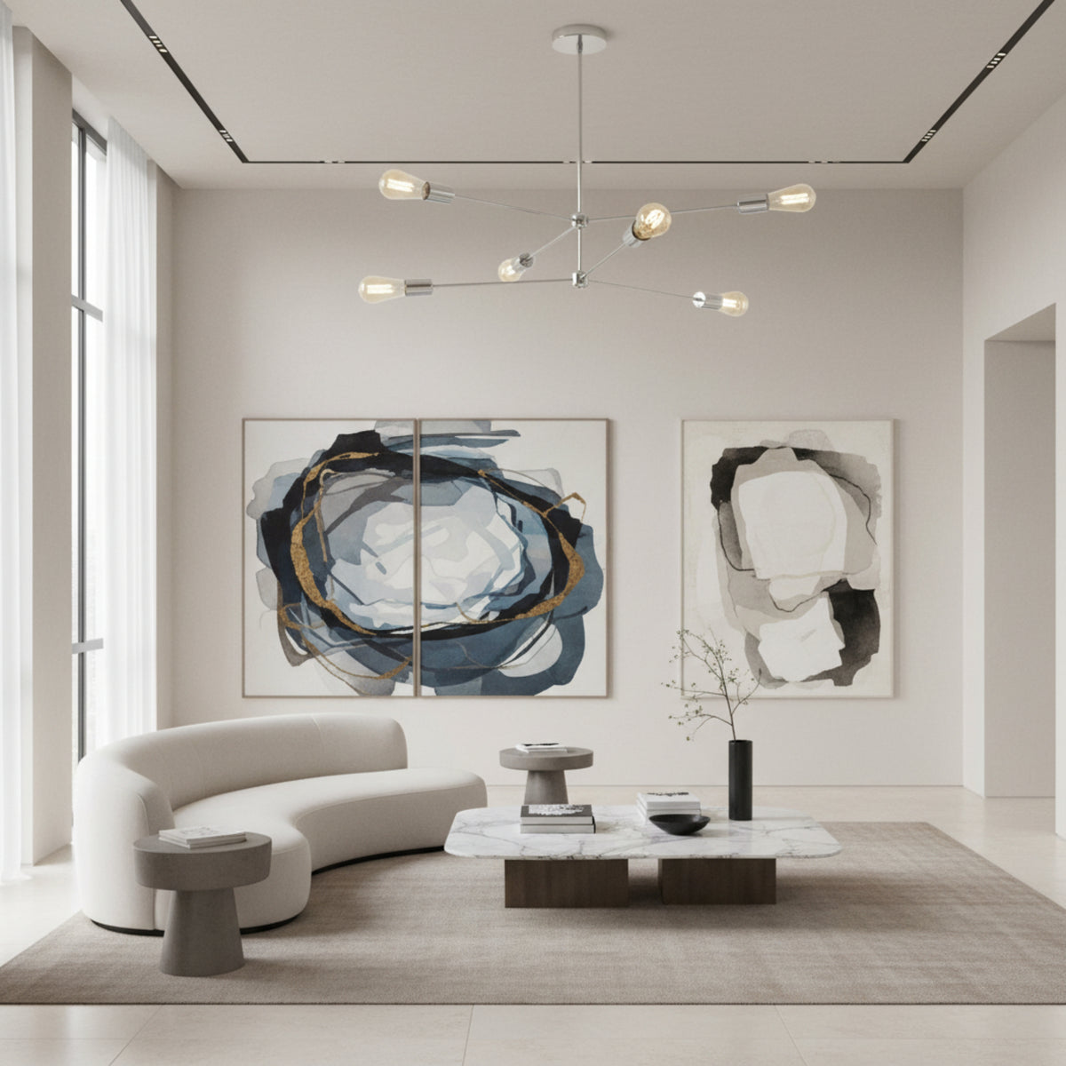 Austin 6 light exposed bulb chandelier shown from an alternate angle highlighting its multi-level branching construction and polished metal finish.