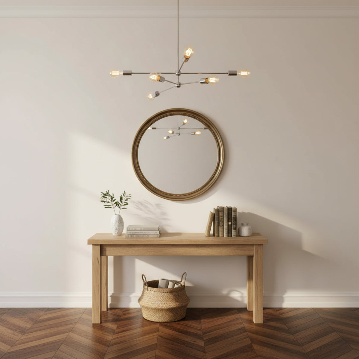 Austin 6 light sculptural chandelier shown from an alternate front angle highlighting its branching arms and exposed decorative bulbs.