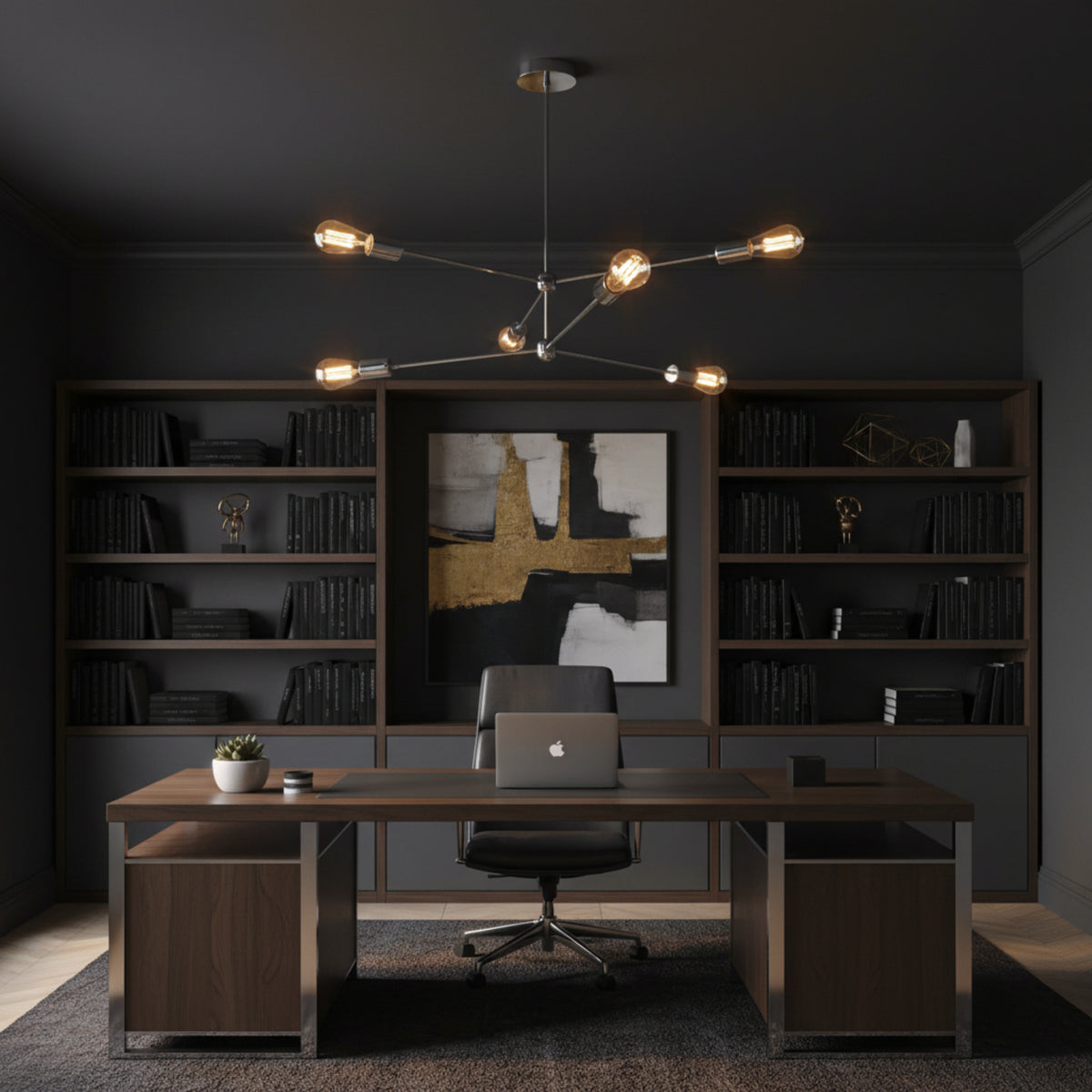 Austin 6 light Sputnik chandelier shown from an angled view with polished silver-tone arms and an asymmetric Mid-Century Modern design.