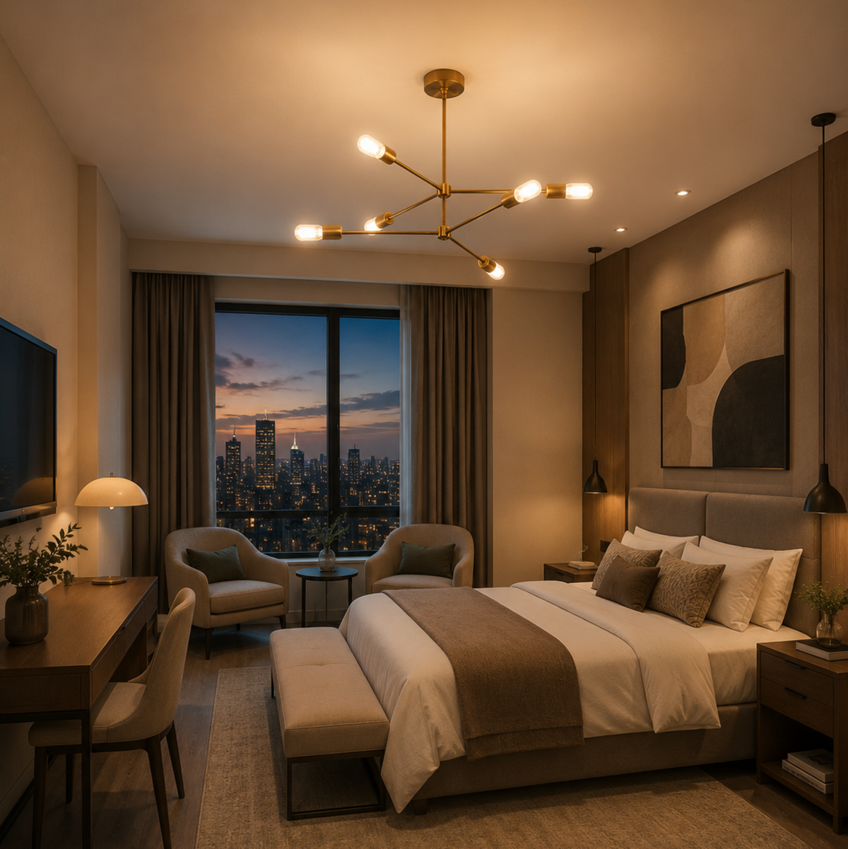 Austin 6 light Sputnik chandelier illuminated in a warm contemporary bedroom with exposed bulbs and a sculptural multi-arm design.