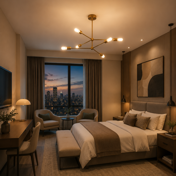 Austin 6 light Sputnik chandelier illuminated in a warm contemporary bedroom with exposed bulbs and a sculptural multi-arm design.