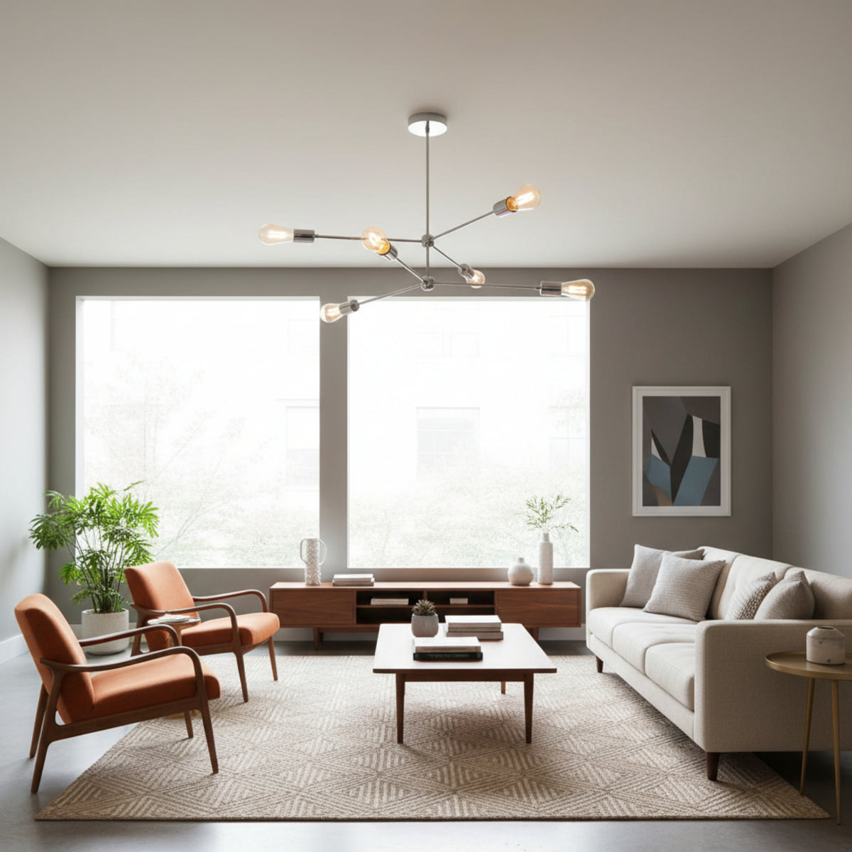 Austin 6 light Mid-Century Modern Sputnik chandelier shown from the front with exposed bulbs and polished silver-tone multi-directional arms.