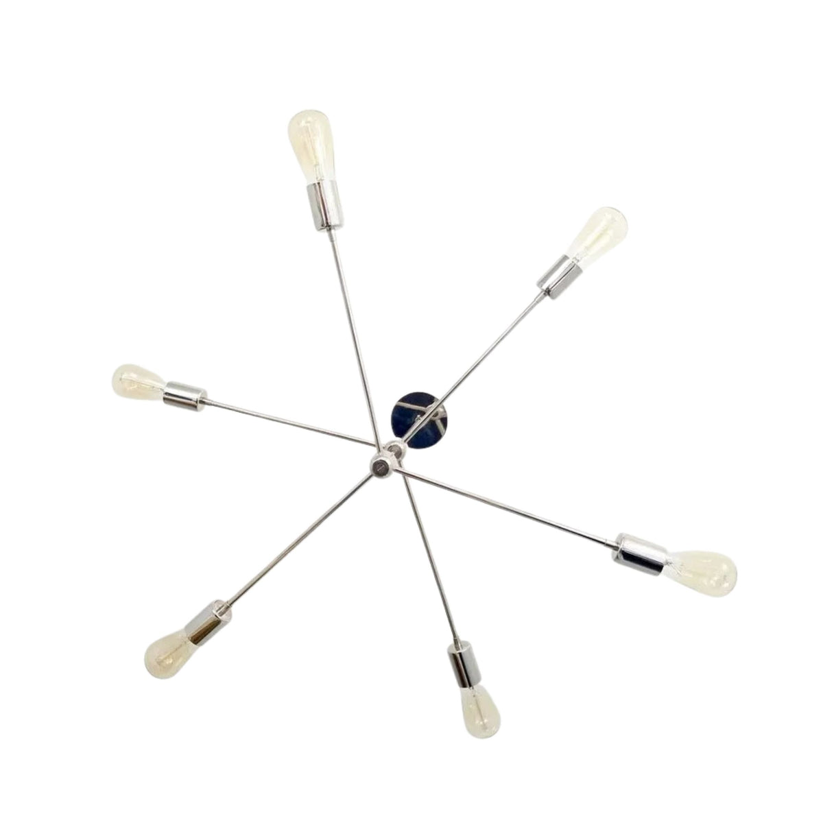 Austin 6 light sculptural Sputnik chandelier shown from above with exposed bulbs, slender branching arms, and a polished silver-tone finish.