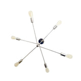 Austin 6 light sculptural Sputnik chandelier shown from above with exposed bulbs, slender branching arms, and a polished silver-tone finish.