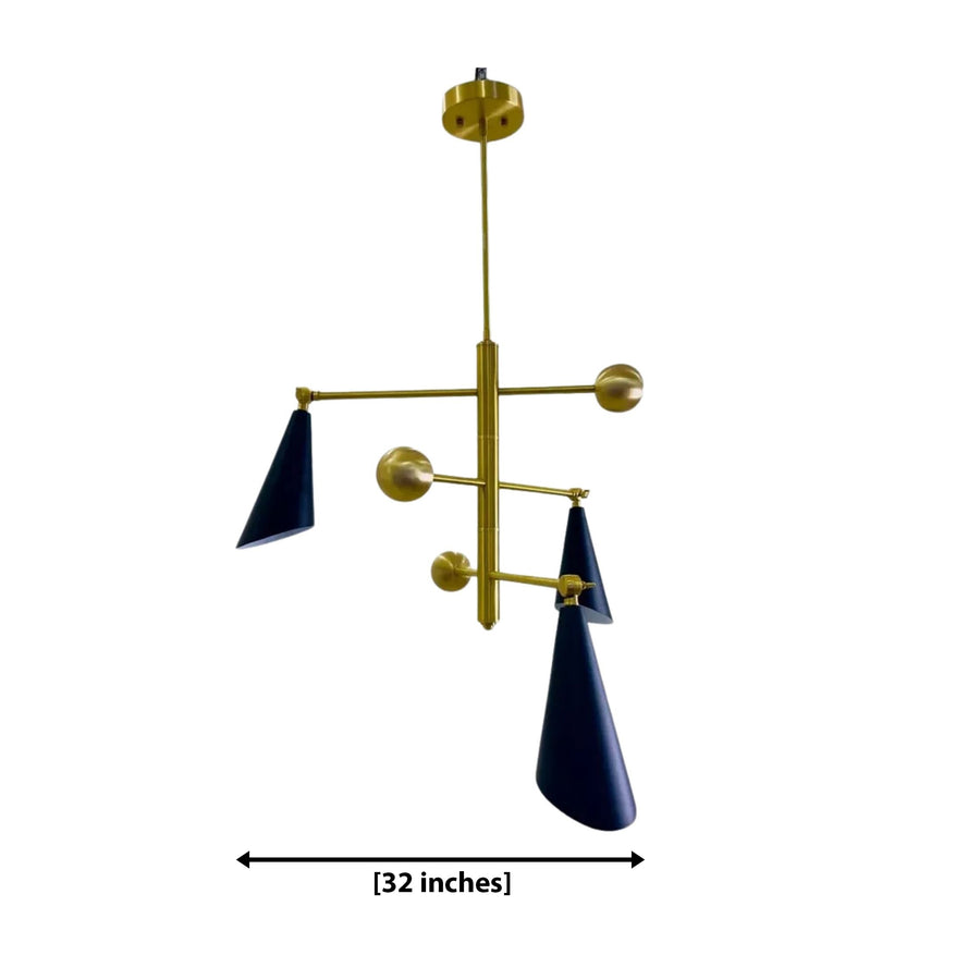 Avignon 3 light sculptural chandelier with deep navy cone shades, brass-tone balance arms and geometric Mid-Century Modern design.