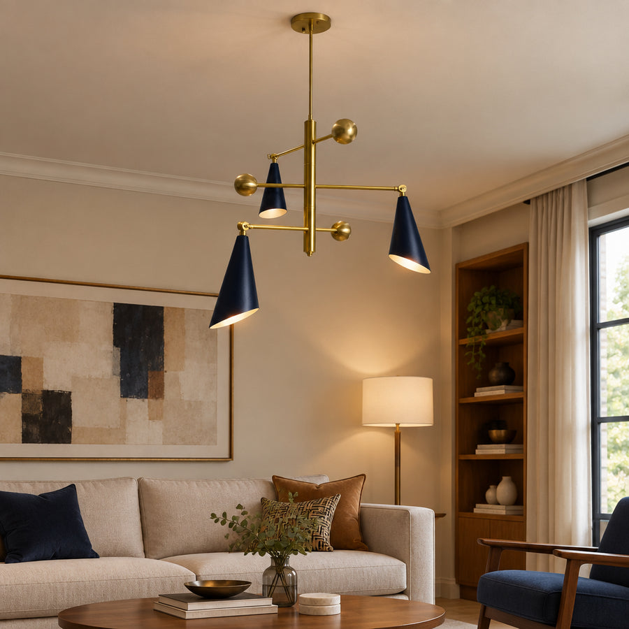 Avignon 3 light sculptural chandelier with deep navy cone shades, brass-tone balance arms and geometric Mid-Century Modern design.