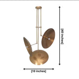 Avignon 3 light brass tone sculptural disc chandelier dimension view showing 10 inch width and 40 inch height.