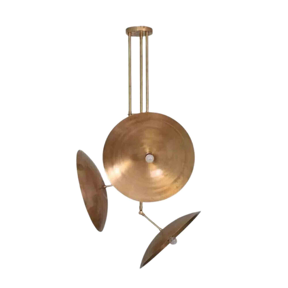Avignon 3 light brass tone chandelier shown from the front with an asymmetric arrangement of circular disc shades.