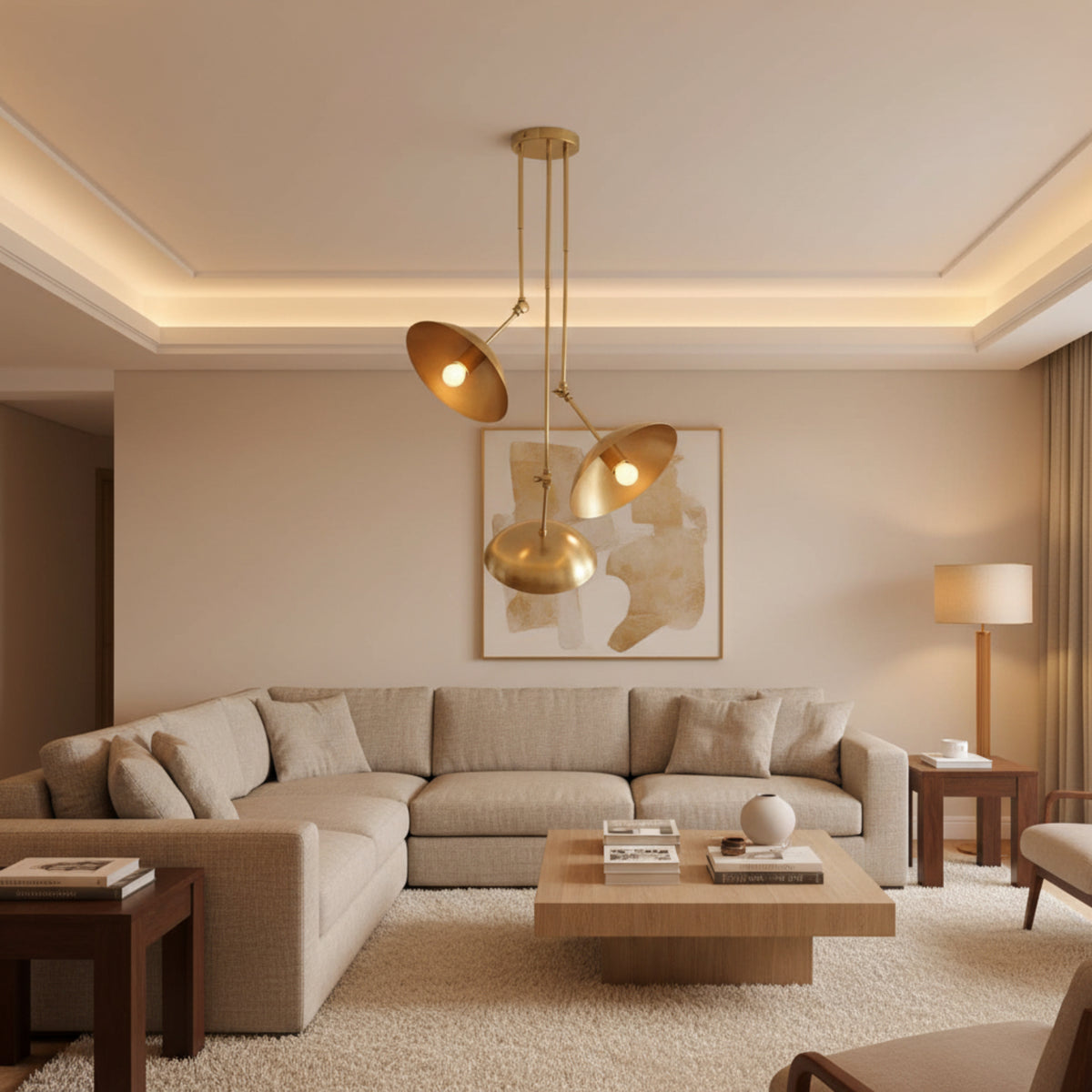 Avignon 3 light brass tone chandelier featuring asymmetric circular disc shades with illuminated bulbs.