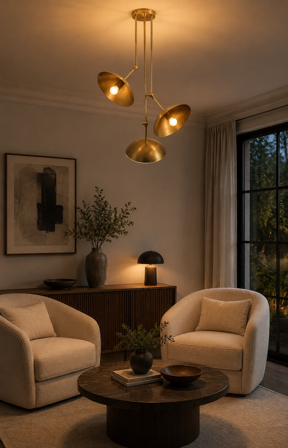 Avignon 3 light brass tone sculptural disc chandelier installed in a contemporary living room with warm ambient lighting.