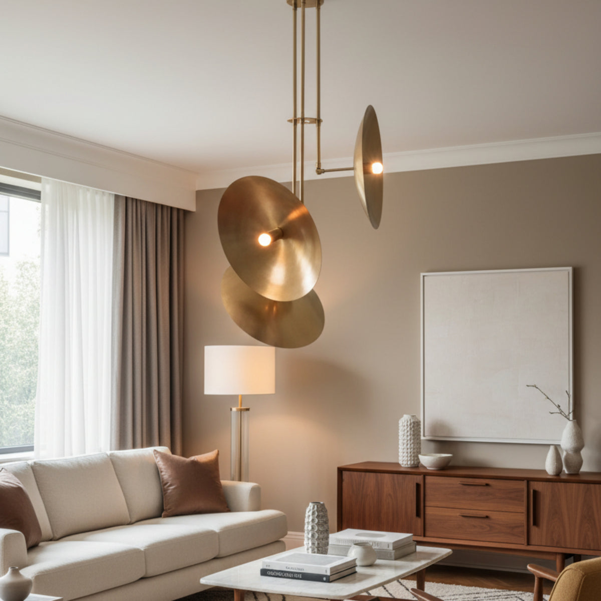Avignon 3 light brass tone sculptural disc chandelier shown from the side with suspended rods and circular metal shades.