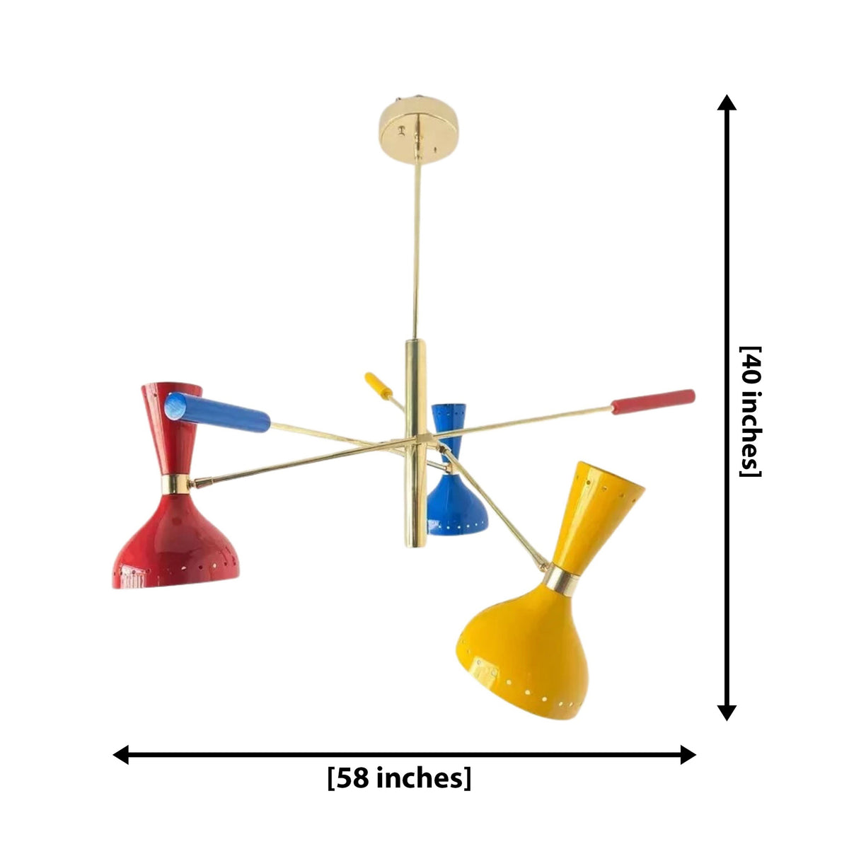 Bangkok 6 light multicolor chandelier dimension view showing 58 inch width and 40 inch overall height.