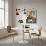 Bangkok 6 light sculptural chandelier shown from the front with red, blue and yellow shades arranged across slender brass-tone arms.